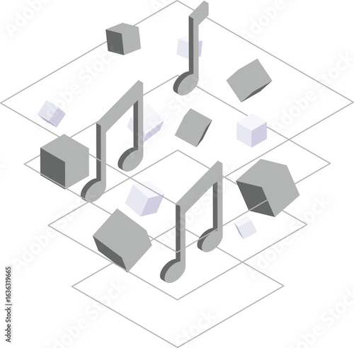 The image shows an isometric design with musical notes and geometric shapes floating on a white grid.
