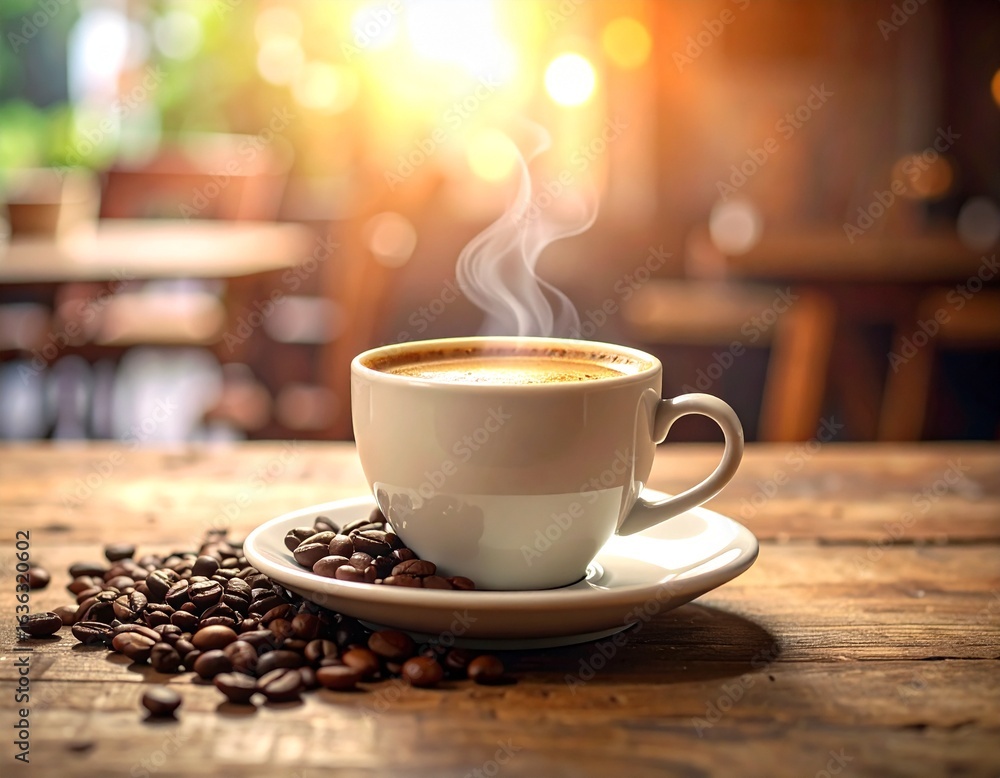 Fototapeta premium Generated image of Hot coffee cup with steam on wooden table, surrounded by roasted beans. Cozy café ambiance with warm morning sunlight. Perfect for coffee shop, breakfast, or beverage concepts