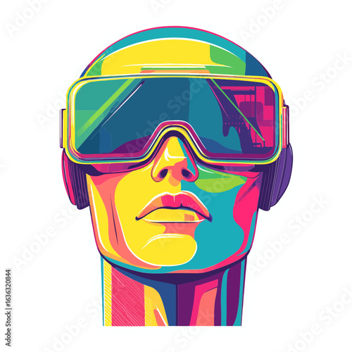 A person in futuristic VR goggles and headphones, depicted in a vibrant, pop-art style. This illustration is great for websites or blogs about technology, virtual reality, gaming, or the metaverse.

