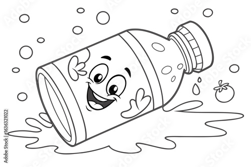 Coloring Pages, cartoon multivitamin drink bottle with happy face, colorless, uncolored, black and white for coloring book, coloring page, kids