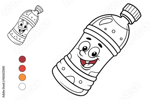 Coloring Pages, cartoon multivitamin drink bottle with happy face, colorless, uncolored, black and white for coloring book, coloring page, kids