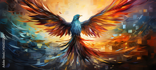 minimalist illustration of phoenix with mosaic various colors shaped wallpaper, ai generative