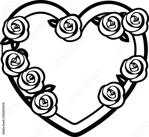 SVG vector illustration of a decorative flower frame design.Heart Shaped Frame Adorned with Elegant Roses and Leaves
