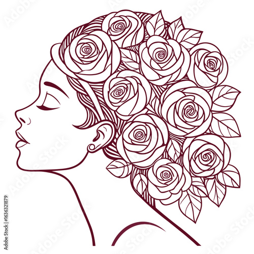Abstract artistic illustration of a female figure with delicate roses obscuring her eyes rendered in a sophisticated color palette