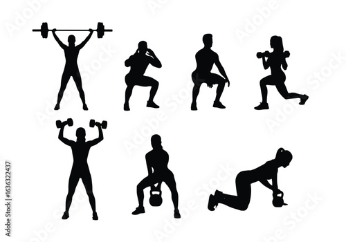 Silhouettes of people performing squat exercises, isolated on white background sports silhouette