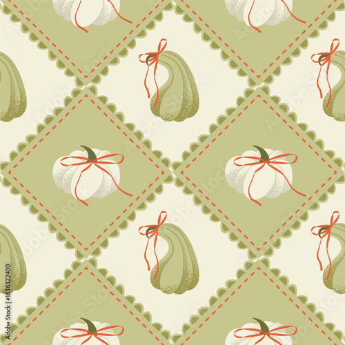 Autumnal patchwork seamless pattern with pumpkins and Bows. Vector illustration for blanket, gift paper, textile design, or so.