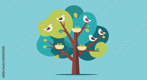 Stylized tree with birds and nests containing chicks, against a teal background.