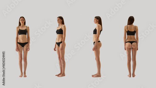 Fényképezés Full-body female model in black underwear shown from multiple angles with neutral expression