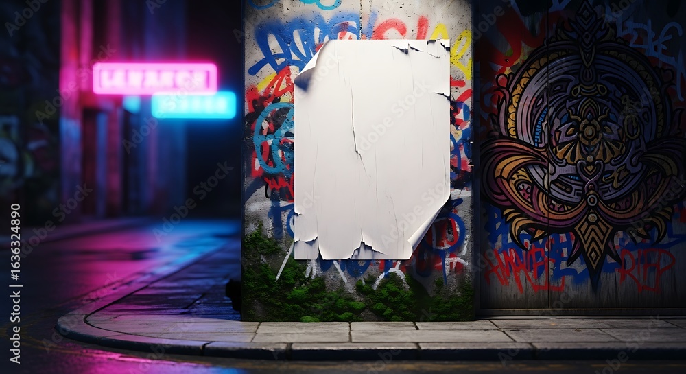 Fototapeta premium Blank Torn Poster on Graffiti Wall in Urban Alleyway with Neon Lights