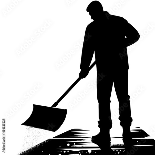 Black and White Vector Silhouette of Man Shoveling Snow from Walkway
