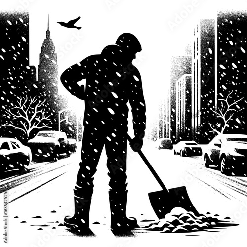 Black and White Vector Silhouette of Man Shoveling Snow from Walkway