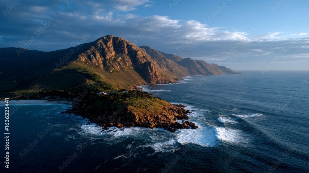 Fototapeta premium Aerial view of the Cape Hangklip point in South Africa, near the meeting of sea and sky, a large island with rocks is visible from above