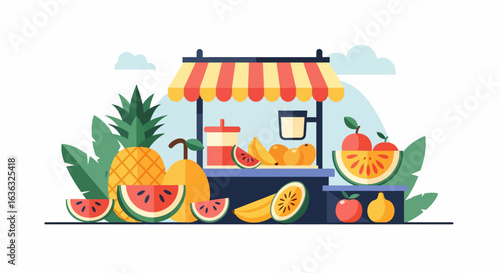 Vibrant fruit stand with pineapple, watermelon, pear, bananas, oranges and apples