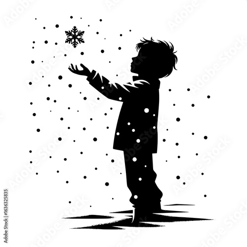 Black and White Vector Silhouette of a Boy Catching Snowflakes