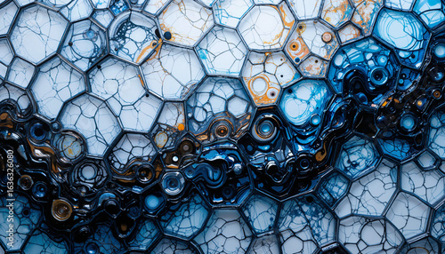 Honeycomb-patterned glass panel with geometric precision, angular light refraction, sci-fi style, high gloss surface