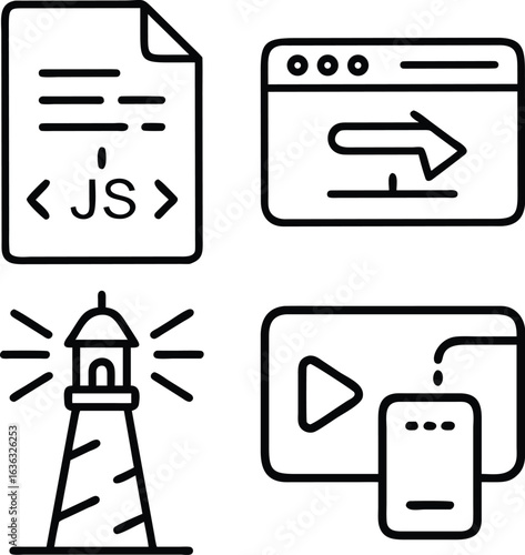 A collection of four simple line art icons representing web development concepts: JavaScript code, a browser window, a lighthouse, and mobile device integration.