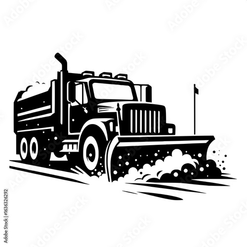 Black and White Vector Silhouette of a Snowplow Clearing Street