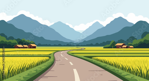 Winding Road Through Golden Rice Paddies and Majestic Mountains