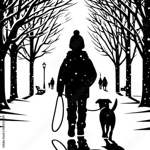 Black and White Vector Silhouette of a Boy Walking a Dog in Snowy Park