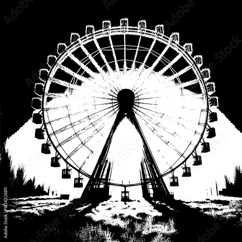 Black and White Vector Silhouette of a Frozen Ferris Wheel in Urban Park