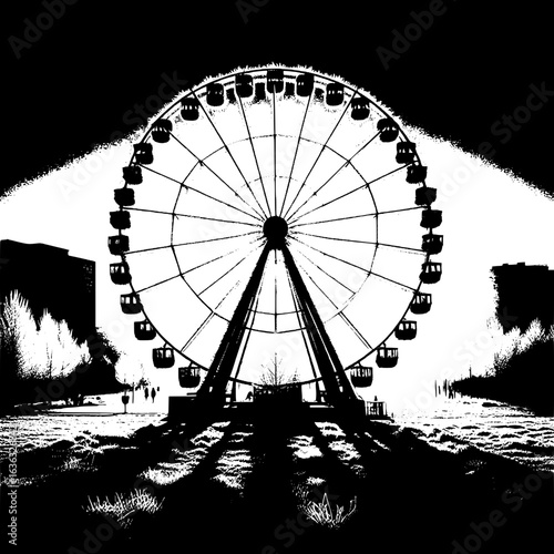 Black and White Vector Silhouette of a Frozen Ferris Wheel in Urban Park