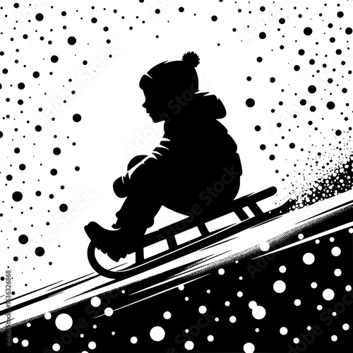 Black and White Vector Silhouette of a Boy Sledding Down Hill