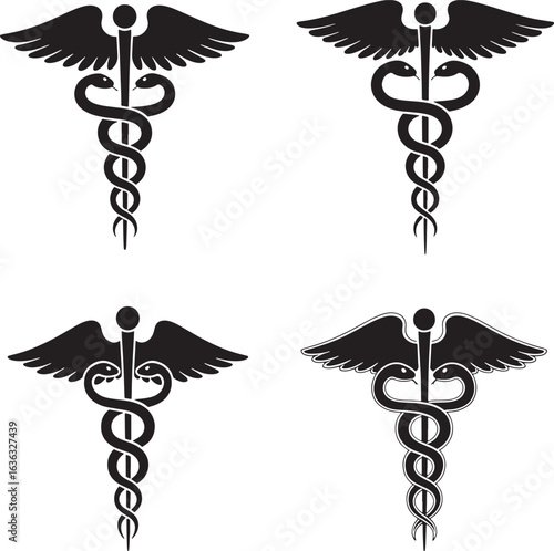 A set of four black silhouette vector images of the caduceus symbol featuring a winged staff and two intertwined snakes