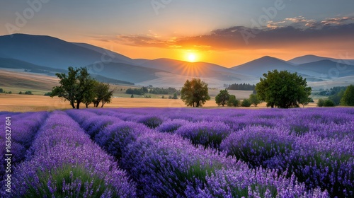 Sun rising over lavender field and mountains in provence