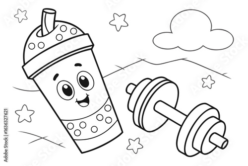 Coloring Pages, cartoon protein shake bottle with dumbbell icon, colorless, uncolored, black and white for coloring book, coloring page, kids