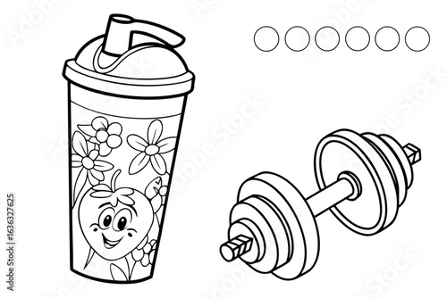 Coloring Pages, cartoon protein shake bottle with dumbbell icon, colorless, uncolored, black and white for coloring book, coloring page, kids