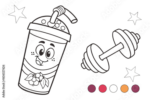 Coloring Pages, cartoon protein shake bottle with dumbbell icon, colorless, uncolored, black and white for coloring book, coloring page, kids