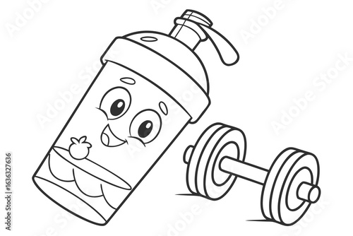 Coloring Pages, cartoon protein shake bottle with dumbbell icon, colorless, uncolored, black and white for coloring book, coloring page, kids