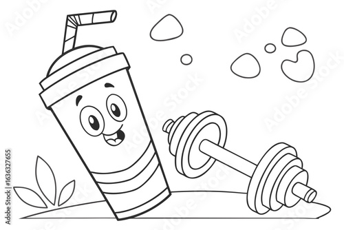 Coloring Pages, cartoon protein shake bottle with dumbbell icon, colorless, uncolored, black and white for coloring book, coloring page, kids