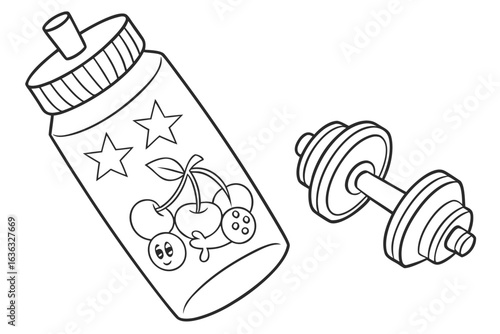 Coloring Pages, cartoon protein shake bottle with dumbbell icon, colorless, uncolored, black and white for coloring book, coloring page, kids