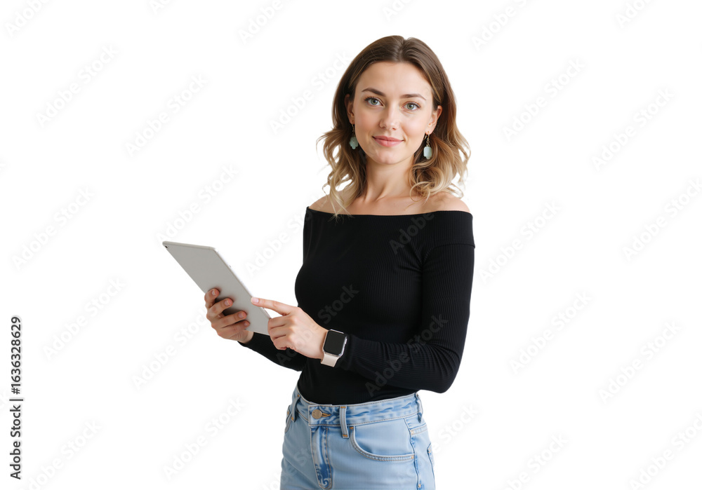 Confident woman in an off-the-shoulder black top and jeans, holding a tablet, smiling warmly against a transparent background.
(PNG). Confident woman in an off-the-shoulder black top and jeans, holding a tablet, smiling warmly against a transparent background.
(PNG).