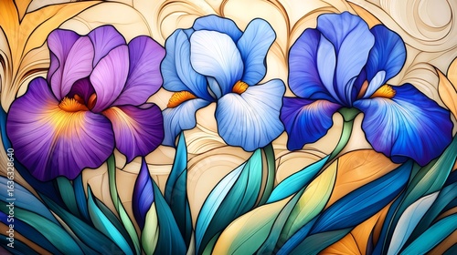 Colorful iris flowers blooming in stained glass style