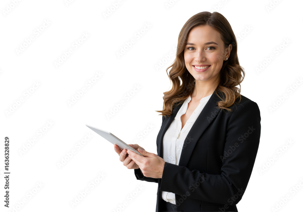 Confident woman in a black blazer and white blouse, holding a tablet, smiling warmly against a transparent background (PNG). Confident woman in a black blazer and white blouse, holding a tablet, smiling warmly against a transparent background (PNG).