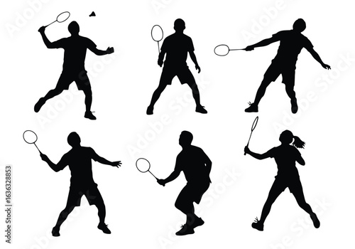 Two badminton players in action, one serving and the other ready to return, isolated on white background sports silhouette