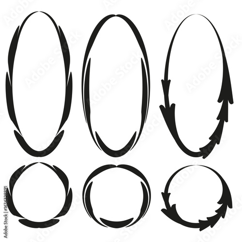 Grunge oval frames. Vector black line. Rough texture border. Distressed element set.