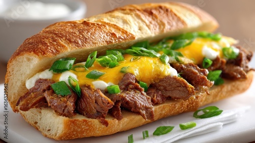 Delicious Steak Sandwich with Cheese, Creamy Sauce and Green Onions