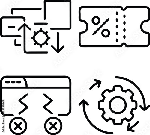 This image displays four distinct line art icons: data management, discount coupon, coding error, and workflow optimization. Each icon is simple and clear.