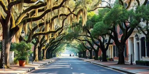 Quaint Savannah street, Spanish moss draped oaks, antebellum architecture, house, city