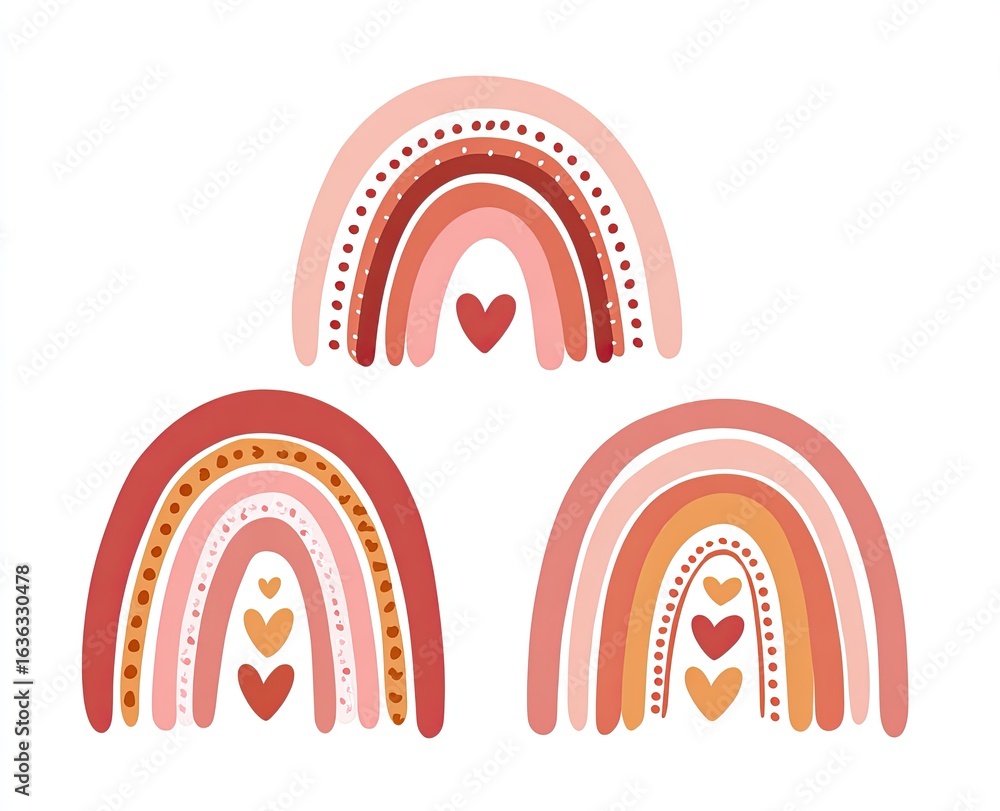 Obraz premium Three stylized, terracotta-toned rainbows, each featuring a heart-shaped design element, arranged vertically on a white background