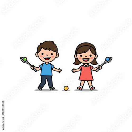 Happy cartoon boy and girl characters playing a spoon and ball race game together.