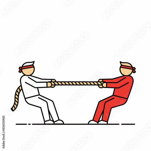 Two stylized figures in red and white competing in a tug of war a minimalist line art illustration of opposition.
