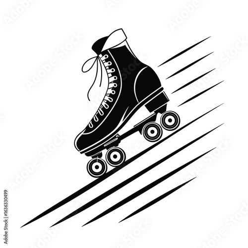 Monochrome graphic of a retro roller skate in motion. Silhouette style icon with dynamic speed lines on a white background.