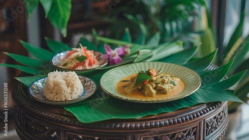 An inviting presentation of Thai food on a bed of green leaves.