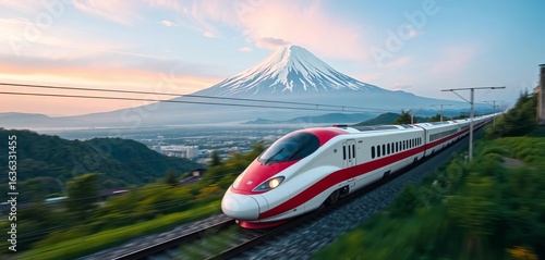 Shinkansen speeding past Mount Fuji, Shizuoka Prefecture's landscape, autumn, mountain