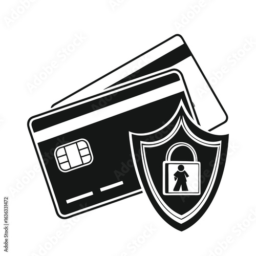 Vector icon symbolizing financial security, depicting a silhouette of credit cards protected by a shield and padlock.
