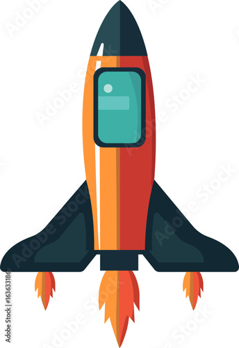 Flat Rocket Vector Illustration — Colorful Cartoon Style Spaceship with Fire and Window, Isolated on White